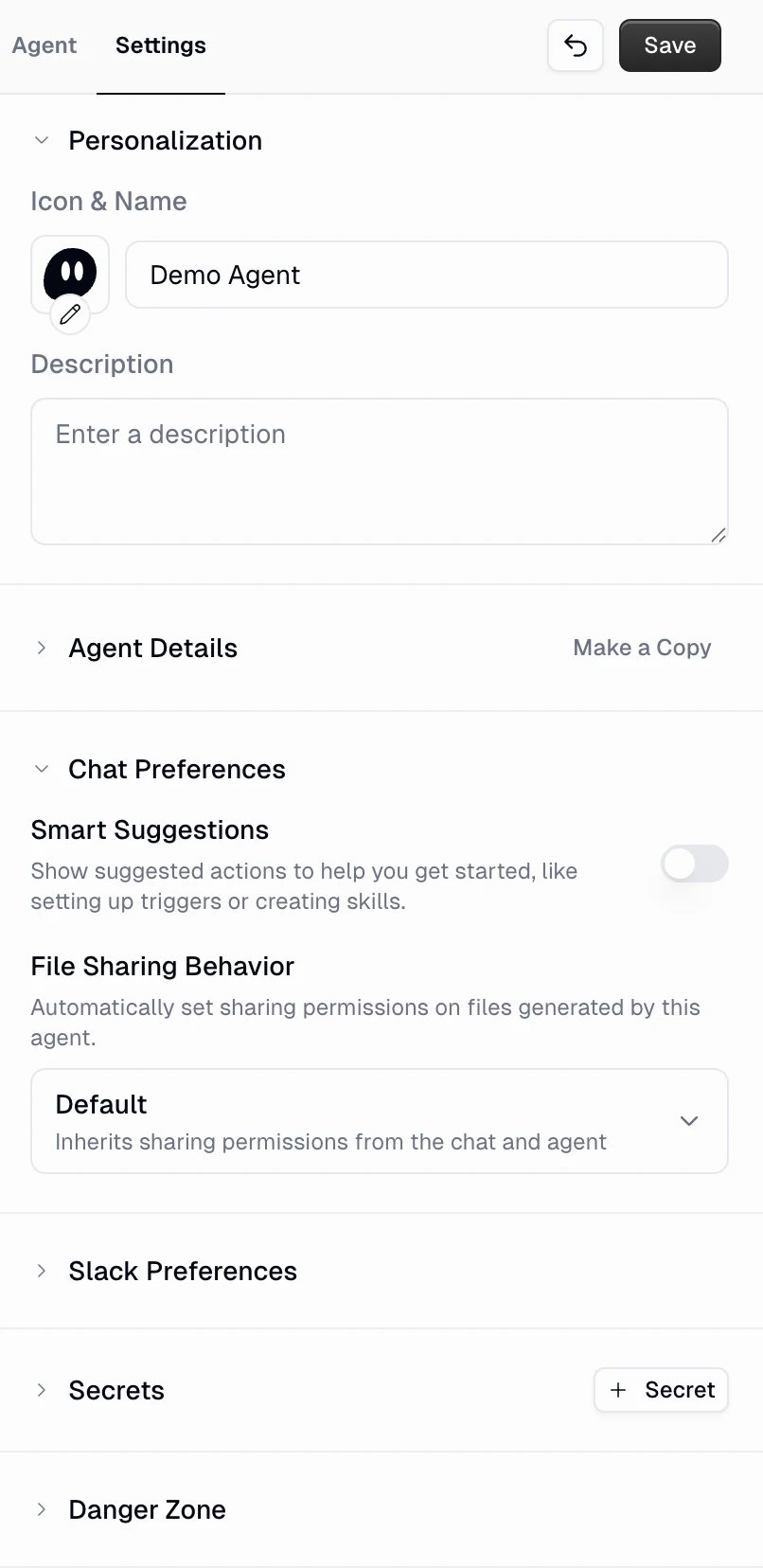 Settings tab showing Personalization, Agent Details, Chat Preferences with Smart Suggestions and File Sharing Behavior, Slack Preferences, Secrets, and Danger Zone