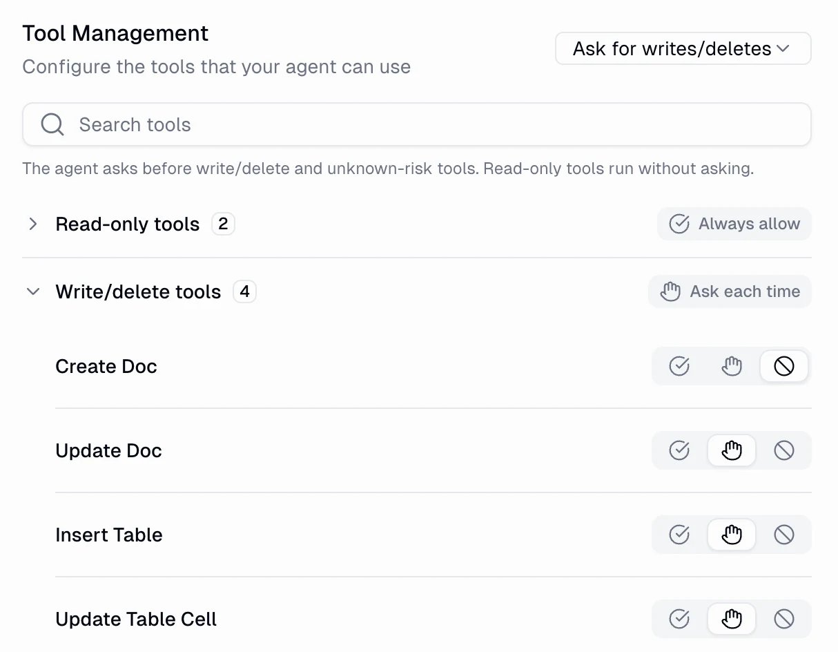 Tool Management panel with an approval preset dropdown, read-only and write/delete tool groups, and per-tool allow, ask, and deny controls
