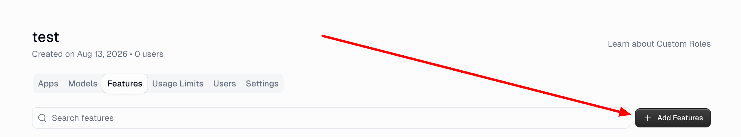 Custom role Features tab with the Add Features button