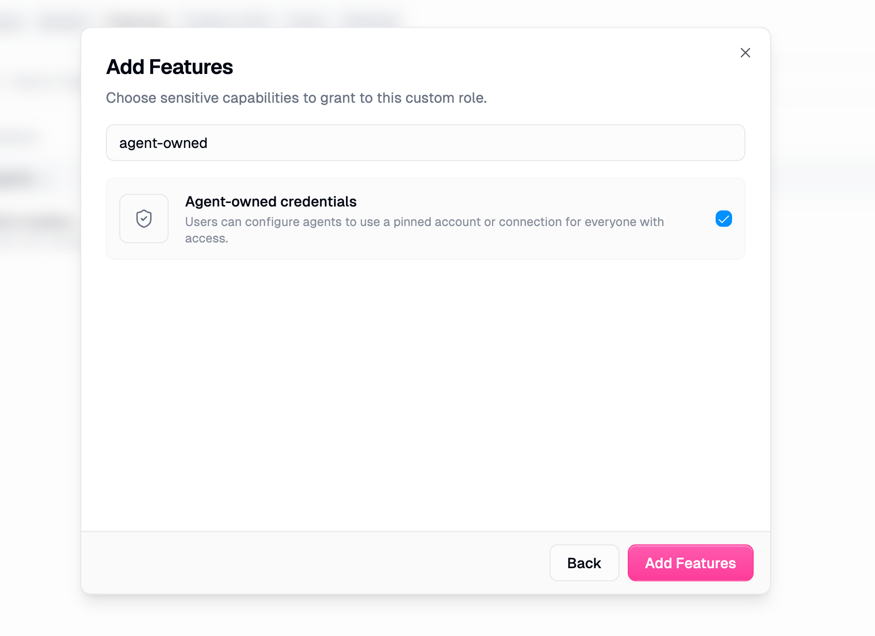 Add Features dialog with Agent-owned credentials selected