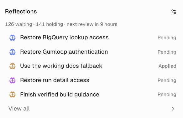 Reflections section listing recent suggestions with their statuses and a summary line of counts