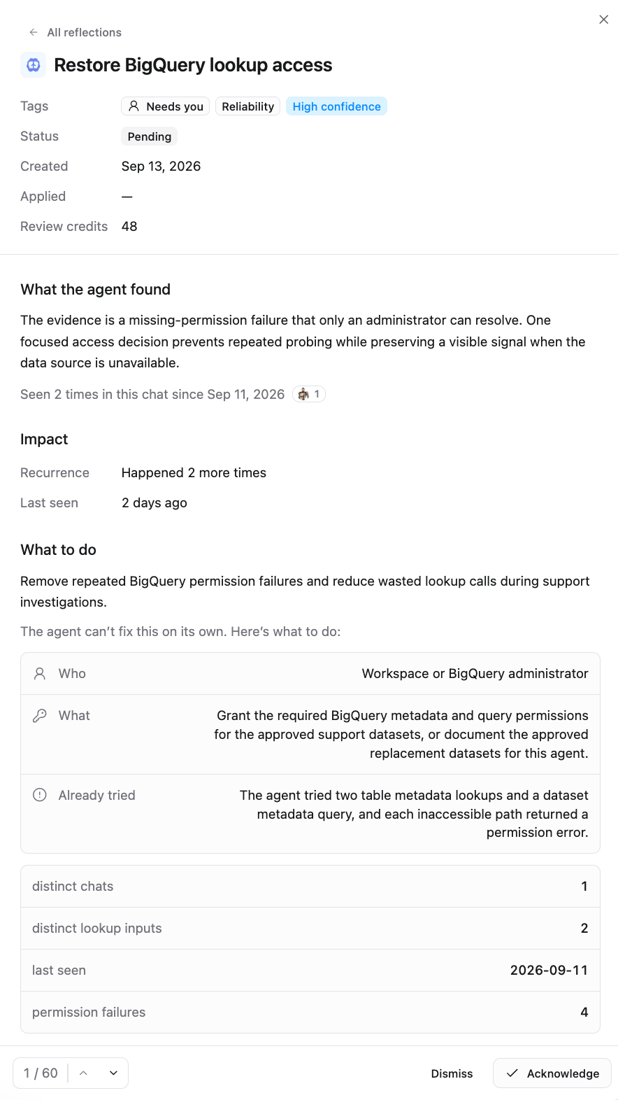 Reflection detail view with tags, status, evidence, impact, recommended action, and Dismiss and Acknowledge buttons