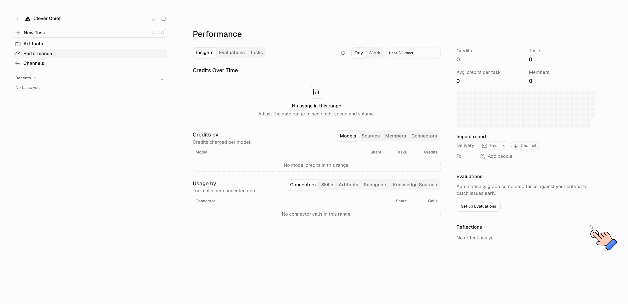 Agent Performance page with the Reflections section and its settings icon in the right-hand panel