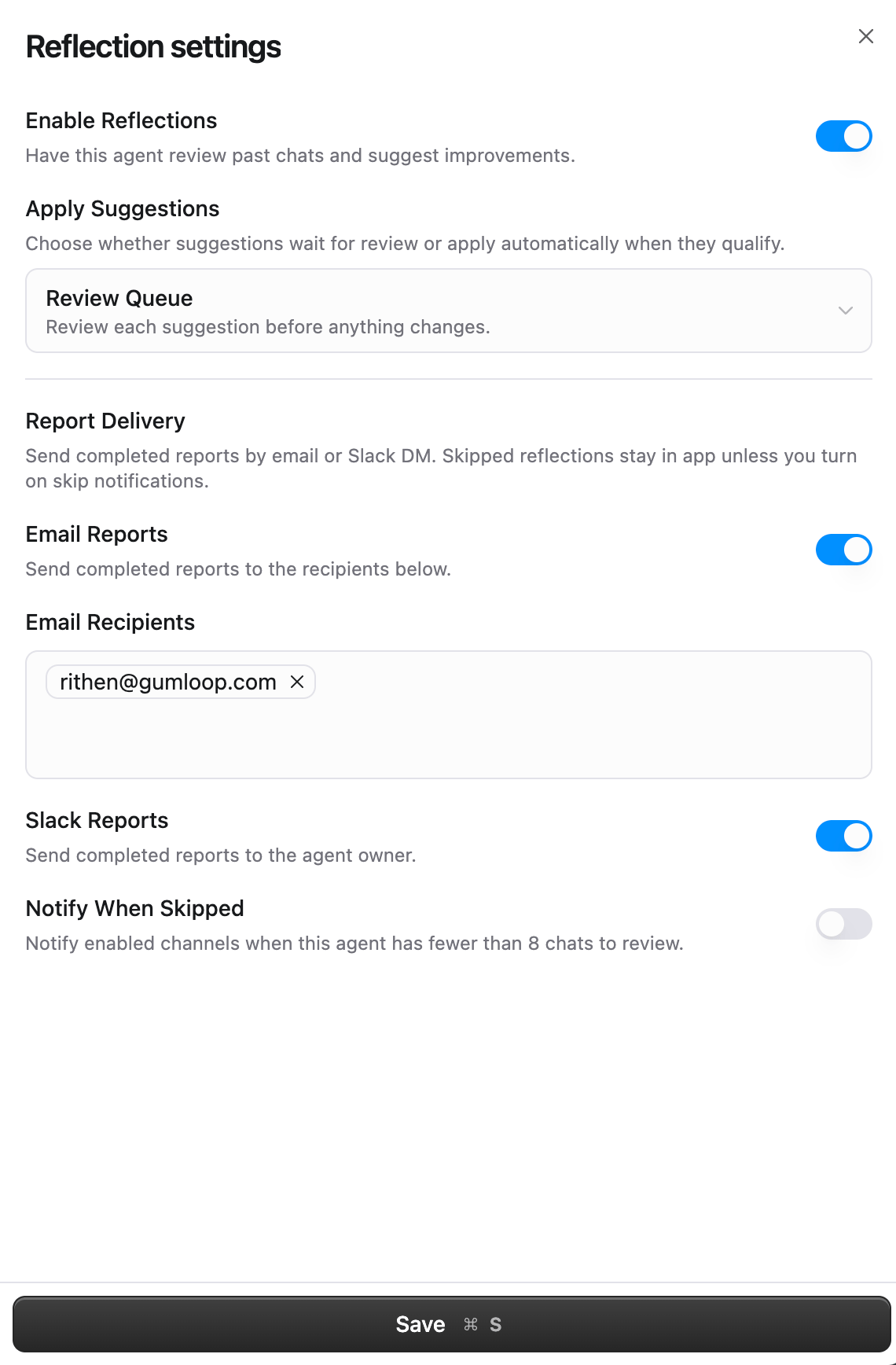 Reflection settings panel showing Enable Reflections, Apply Suggestions, and Report Delivery options