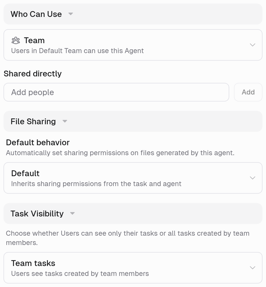 Team agent Access panel showing Who Can Use, File Sharing, and Task Visibility
