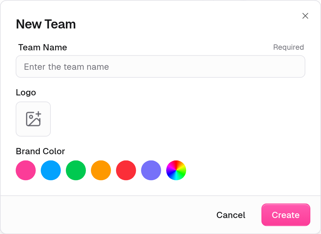 New Team dialog with Team Name, logo, brand color, and Create