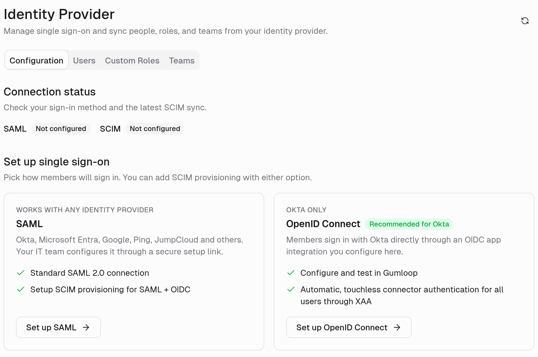Identity Provider configuration with SAML and OpenID Connect setup options