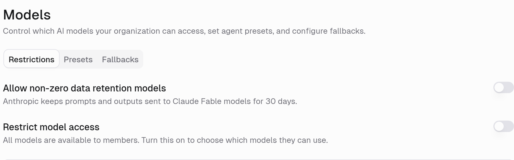 Models Restrictions page showing Restrict model access and non-zero data retention controls