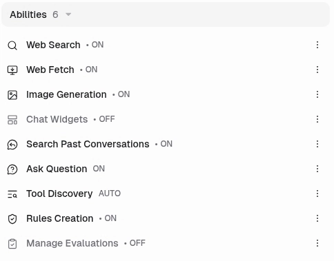 Abilities section with Chat Widgets off, alongside Web Search, Web Fetch, and Image Generation