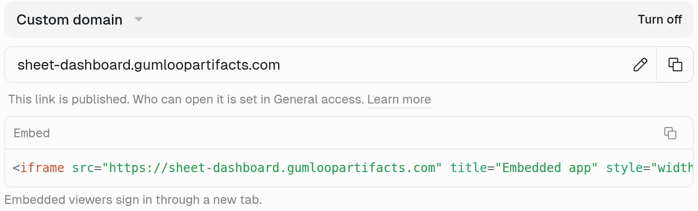 Custom domain section in artifact Settings with the custom URL sheet-dashboard.gumloopartifacts.com, the note This link is published, an Embed box showing an iframe snippet with a copy button, and the note Embedded viewers sign in through a new tab