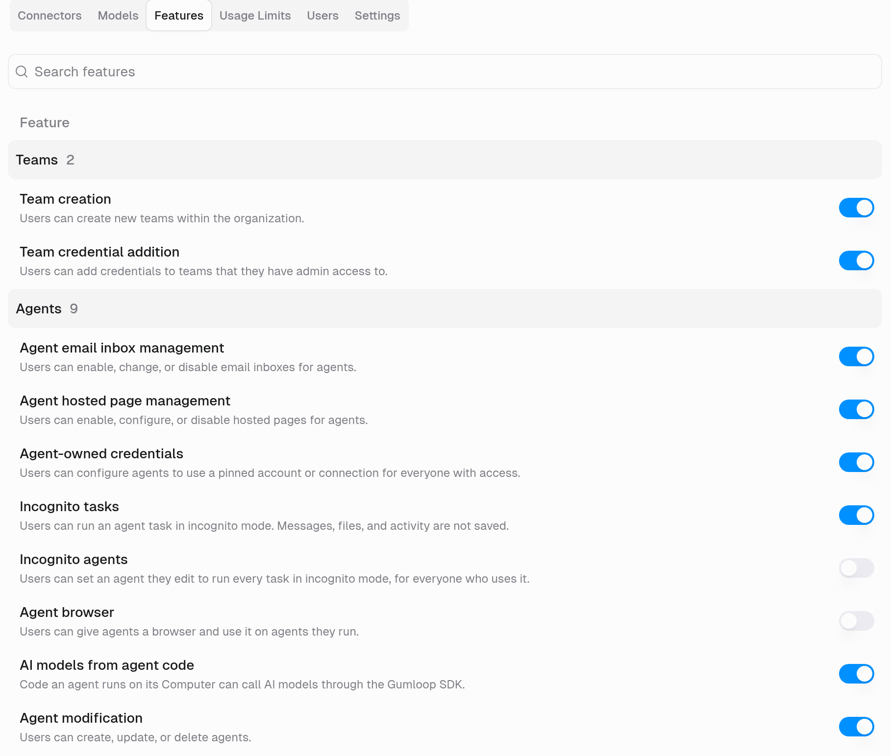 Custom role Features tab with the Agents group listing Agent browser and other agent features, each with an on or off switch