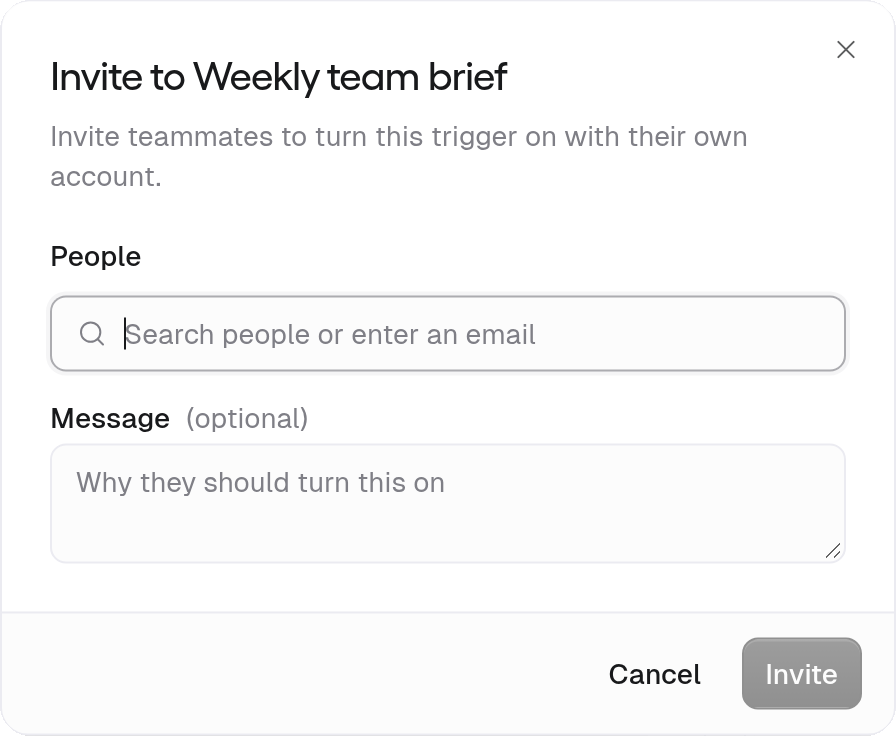 Invite to Weekly team brief dialog with the text 'Invite teammates to turn this trigger on with their own account', a People field reading Search people or enter an email, an optional Message field reading Why they should turn this on, and Cancel and Invite buttons