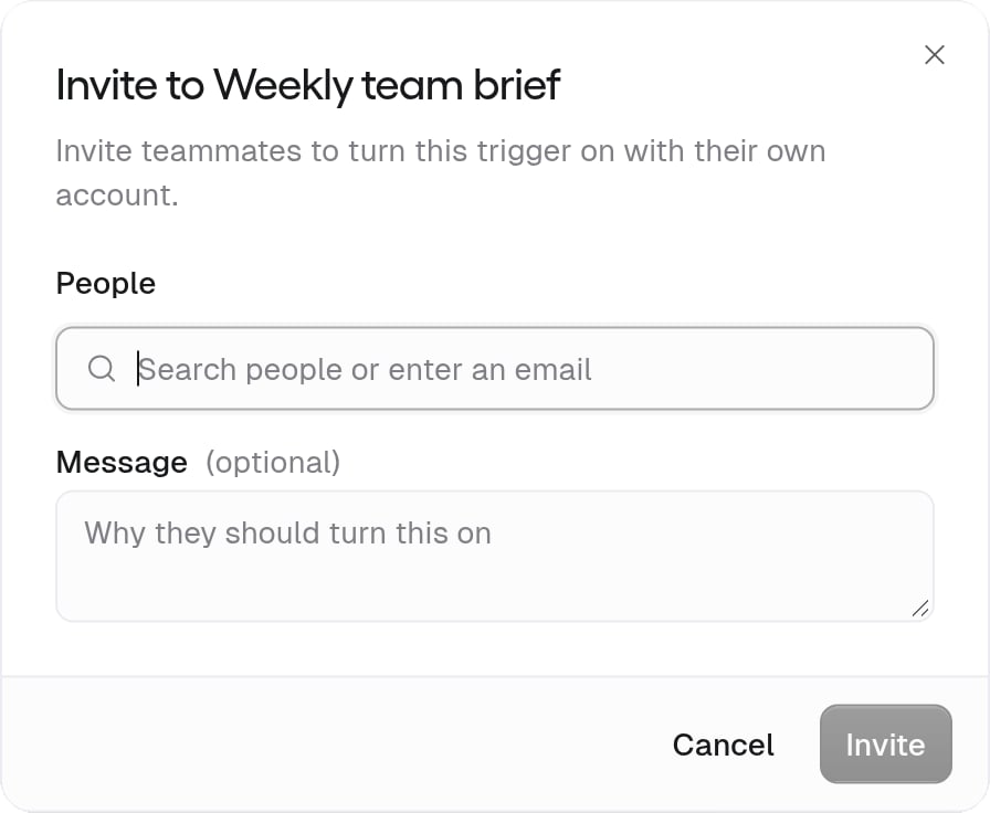 Invite to Weekly team brief dialog with the text 'Invite teammates to turn this trigger on with their own account', a People field reading Search people or enter an email, an optional Message field reading Why they should turn this on, and Cancel and Invite buttons