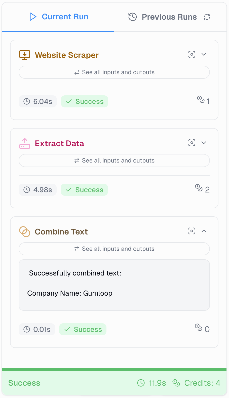 Run report showing execution details