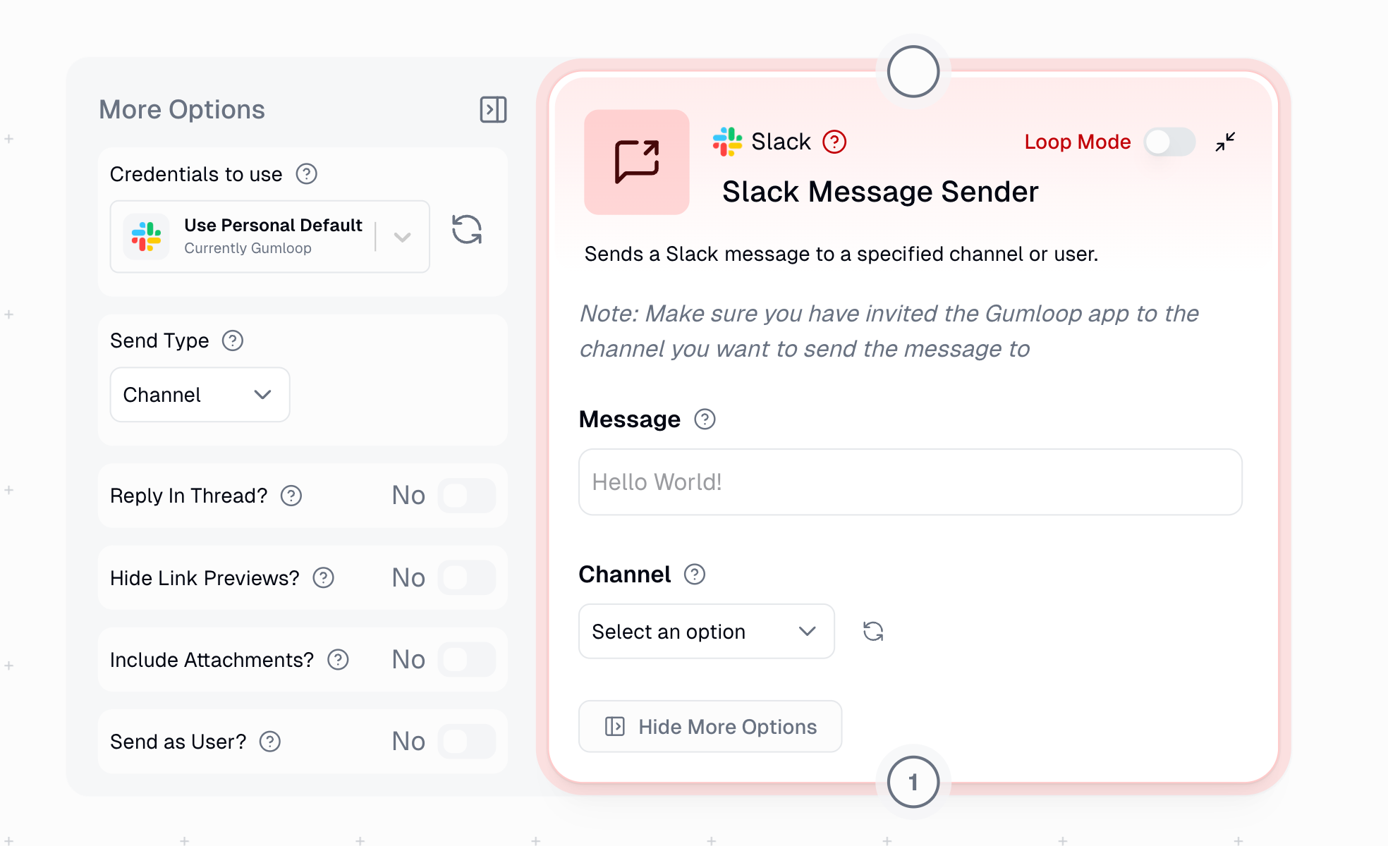 Slack Message Sender node interface