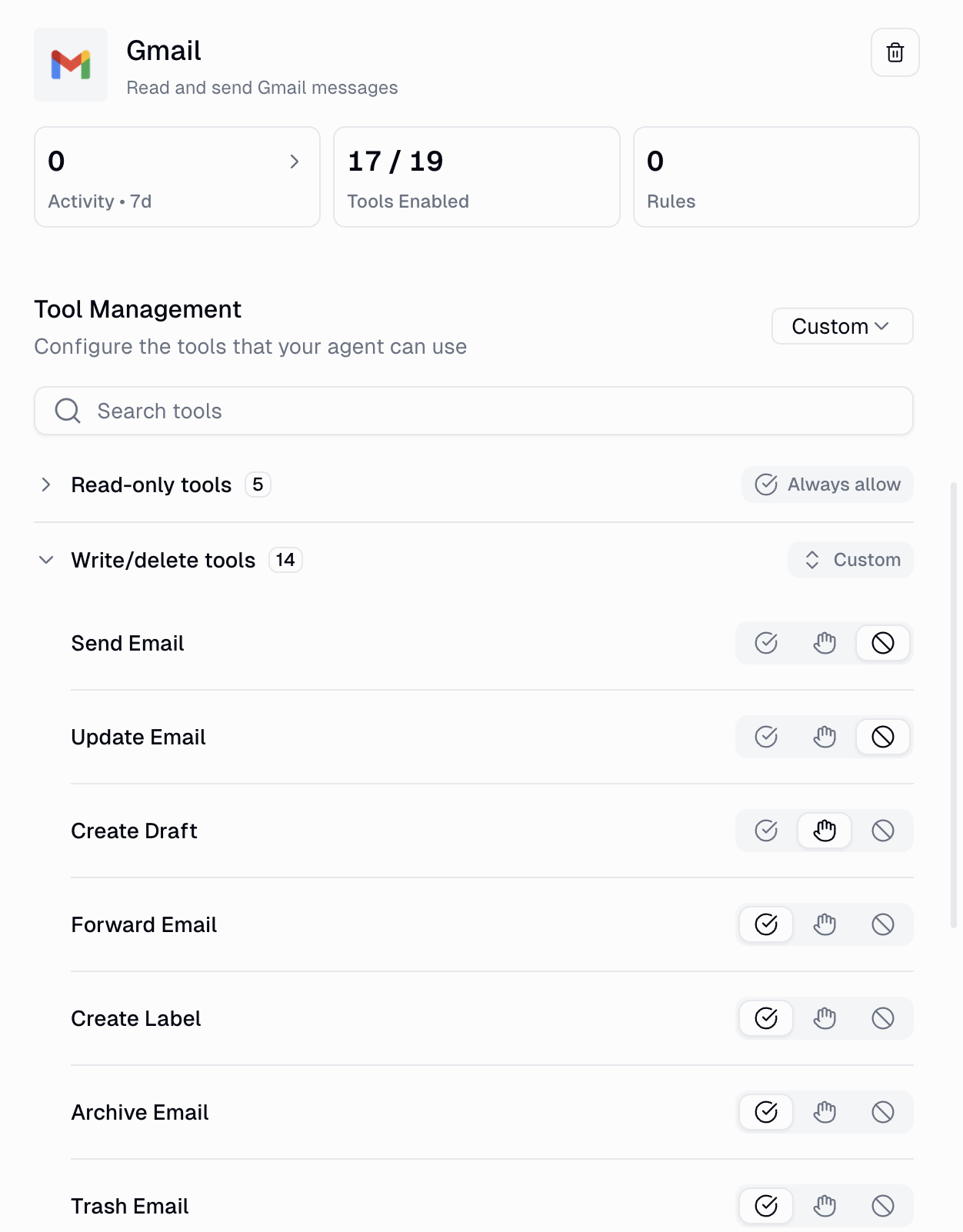 Connected Gmail account listed on the agent