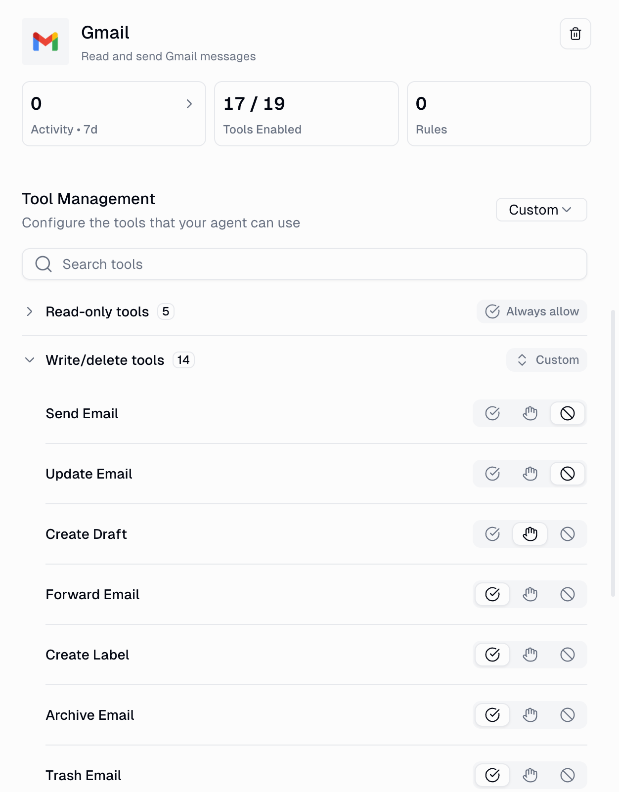 Connected Gmail account listed on the agent