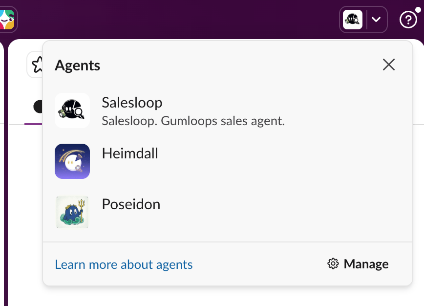 Slack Agents dropdown listing custom Slack app bots