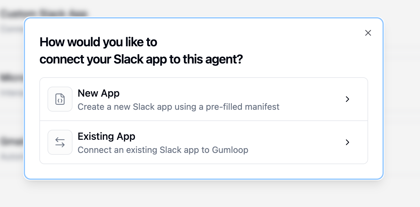 Modal showing New App and Existing App options