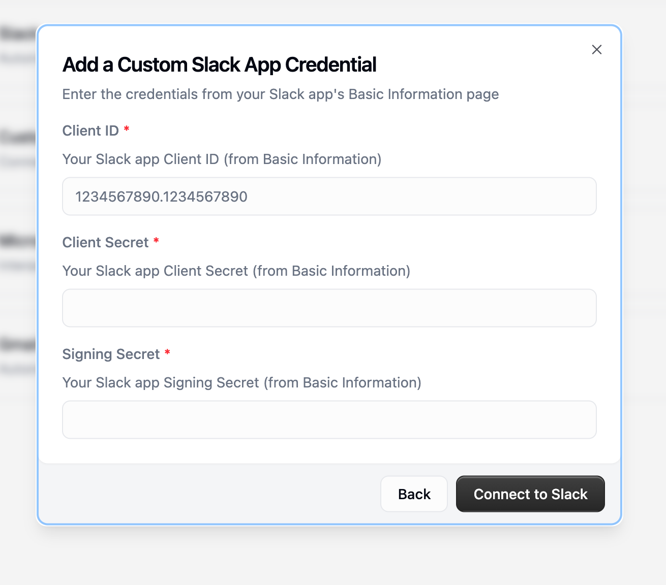 Credential entry form requesting Client ID, Client Secret, and Signing Secret