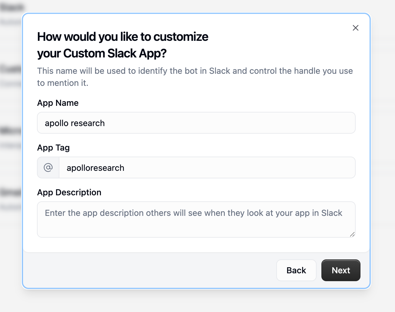 Customization modal with App Name, App Tag, and App Description fields