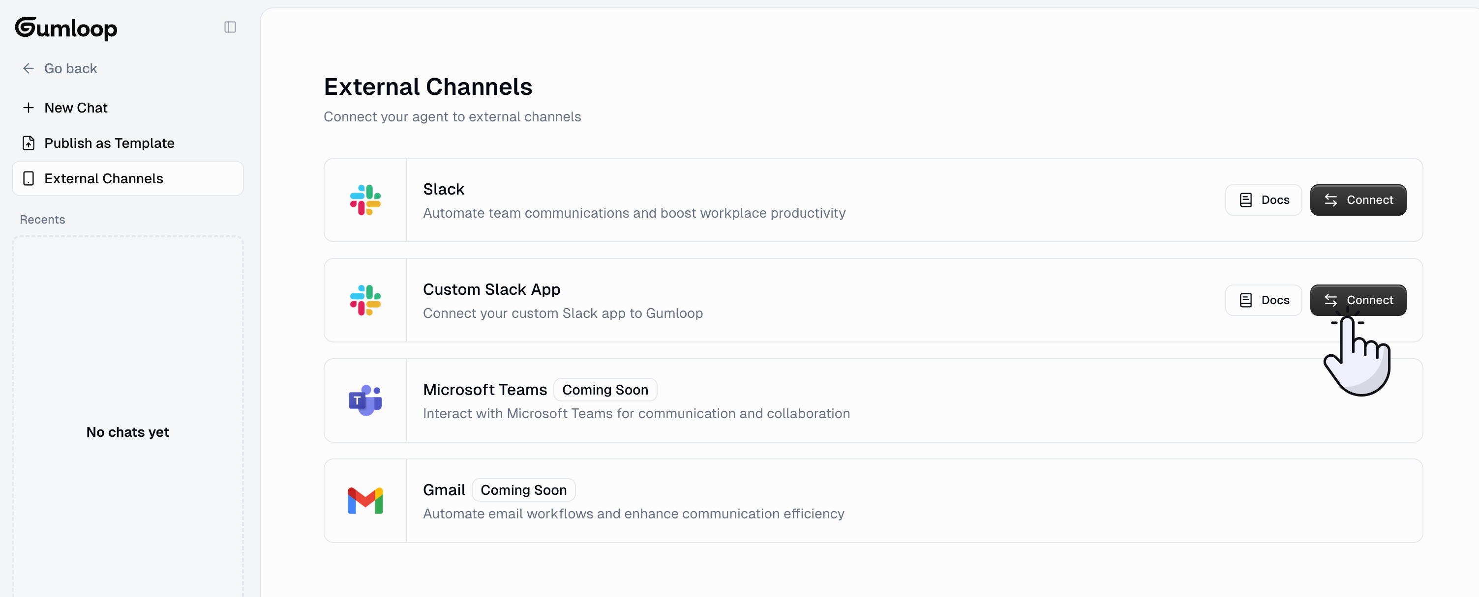 External Channels page showing Custom Slack App option with Connect button