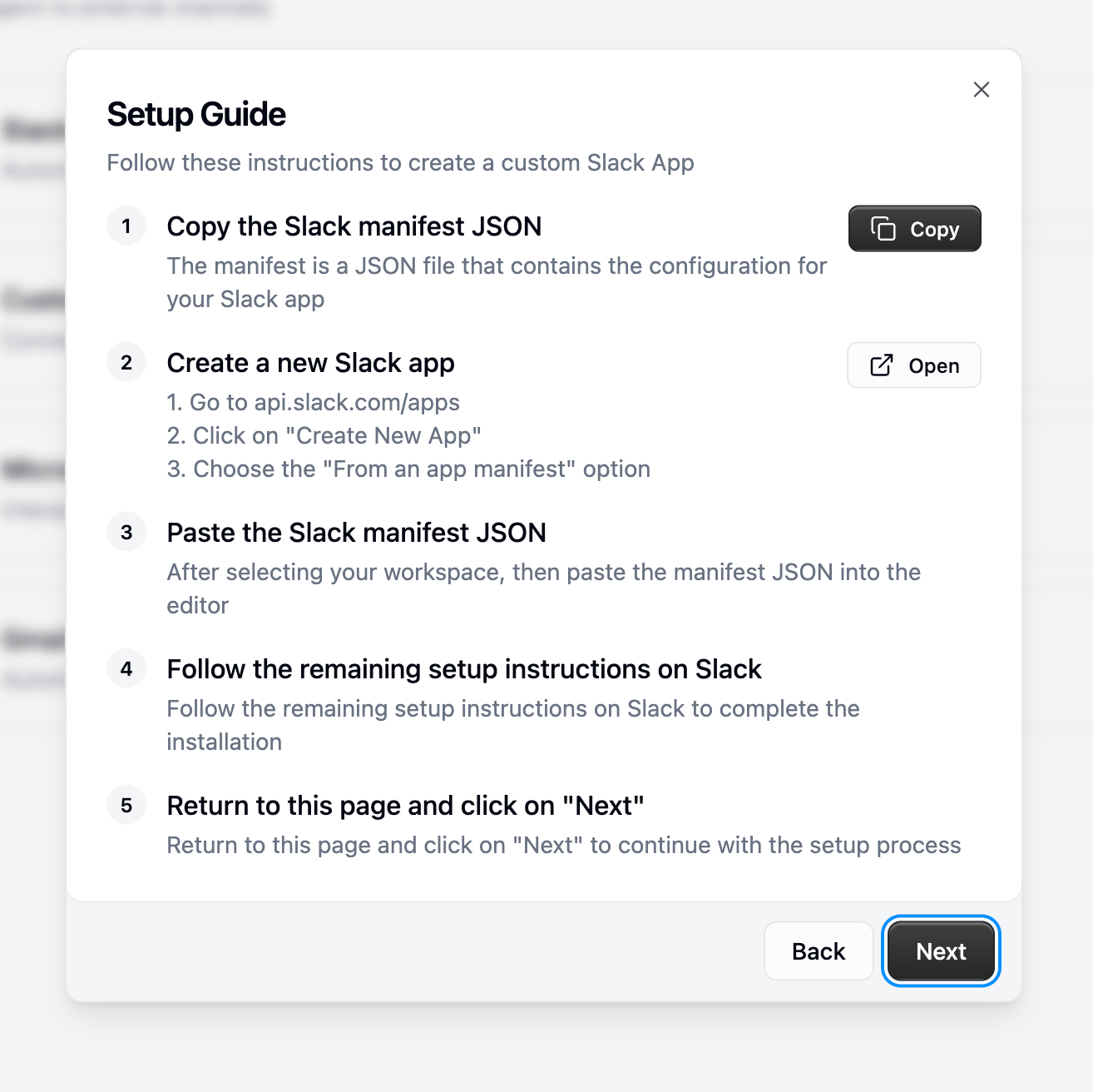 Setup Guide showing 5 steps to create and configure the Slack app