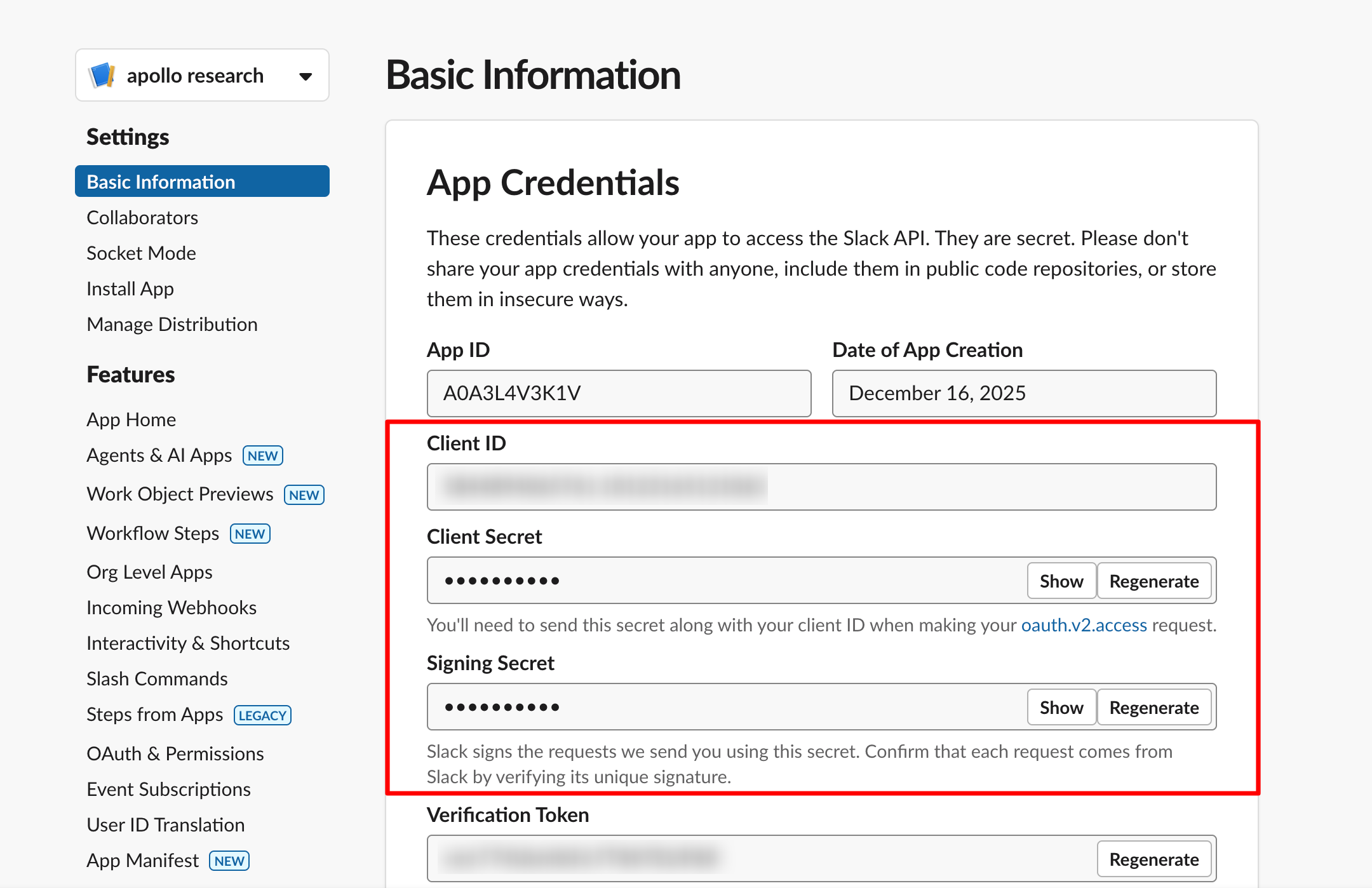 Credential entry form requesting Client ID, Client Secret, and Signing Secret