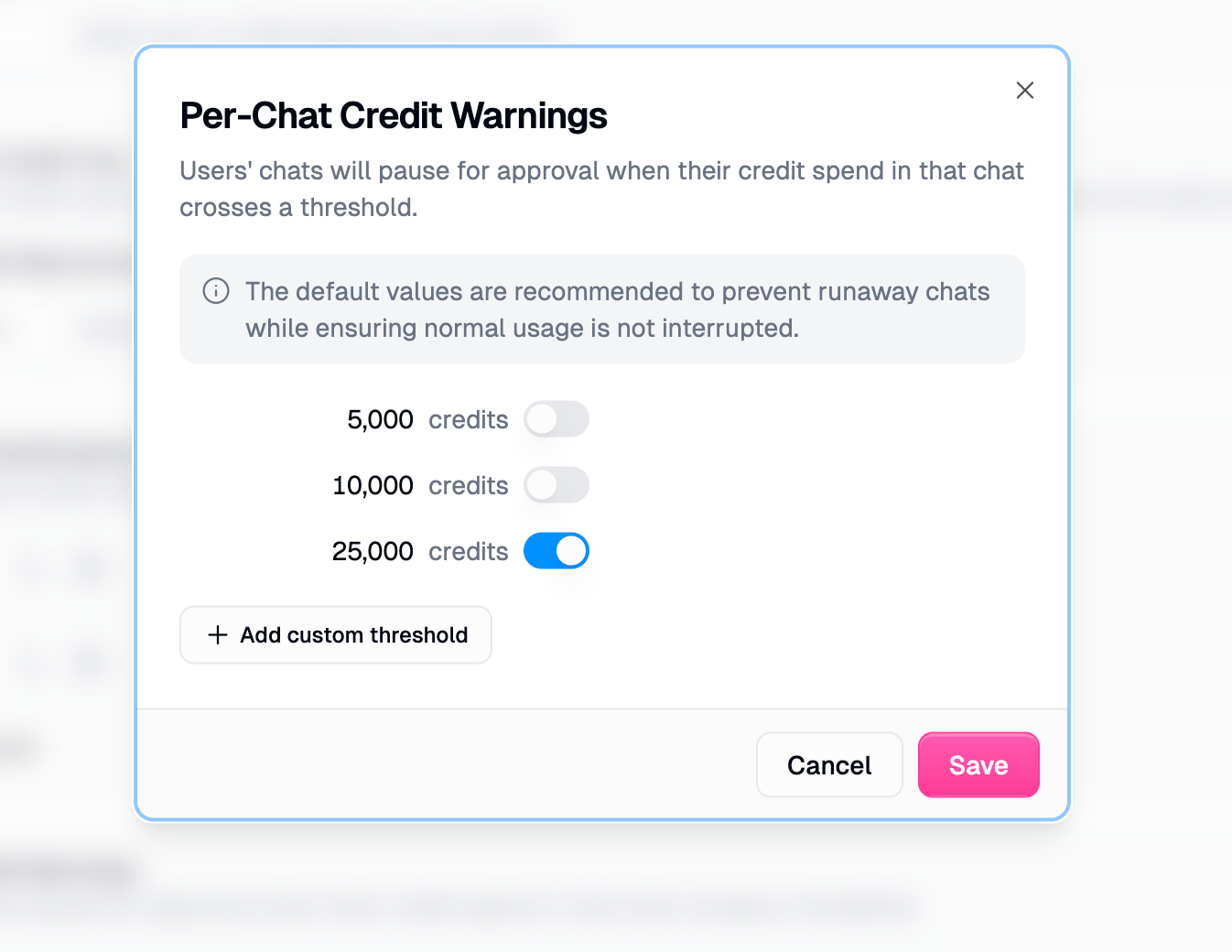 Per-Chat Credit Warnings configuration modal with default thresholds at 5,000, 10,000, and 25,000 credits and an Add custom threshold button
