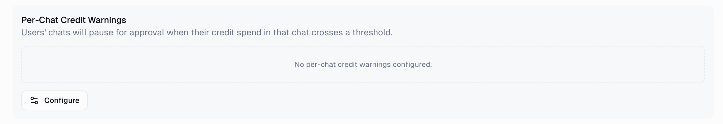 Per-Chat Credit Warnings section showing no warnings configured and a Configure button