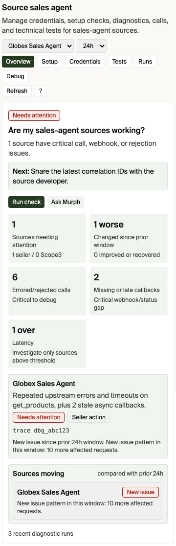 Source diagnostics overview showing a sales-agent source that needs attention, error counts, late callbacks, and the next investigation action