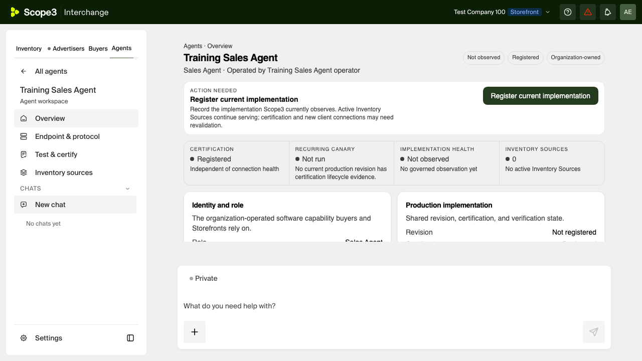 The standard Interchange Agents workspace showing the newly created Training Sales Agent