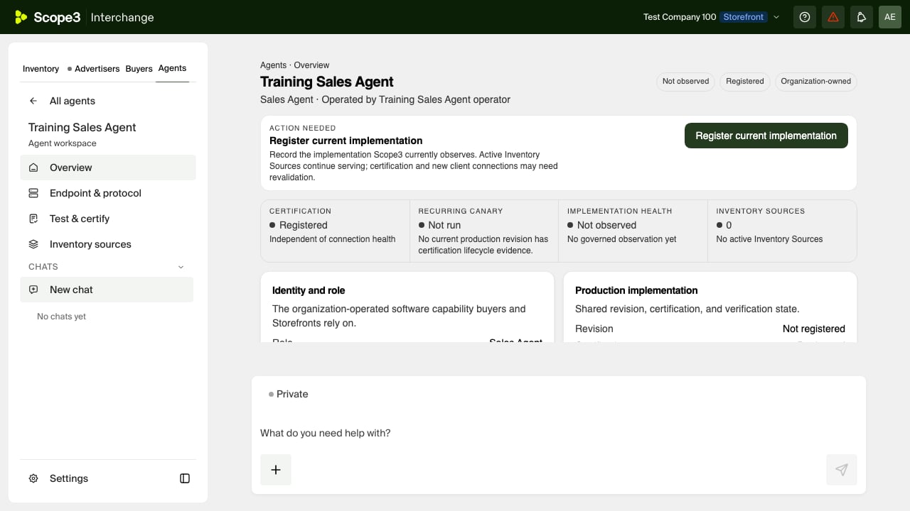 The standard Interchange Agents workspace showing the newly created Training Sales Agent