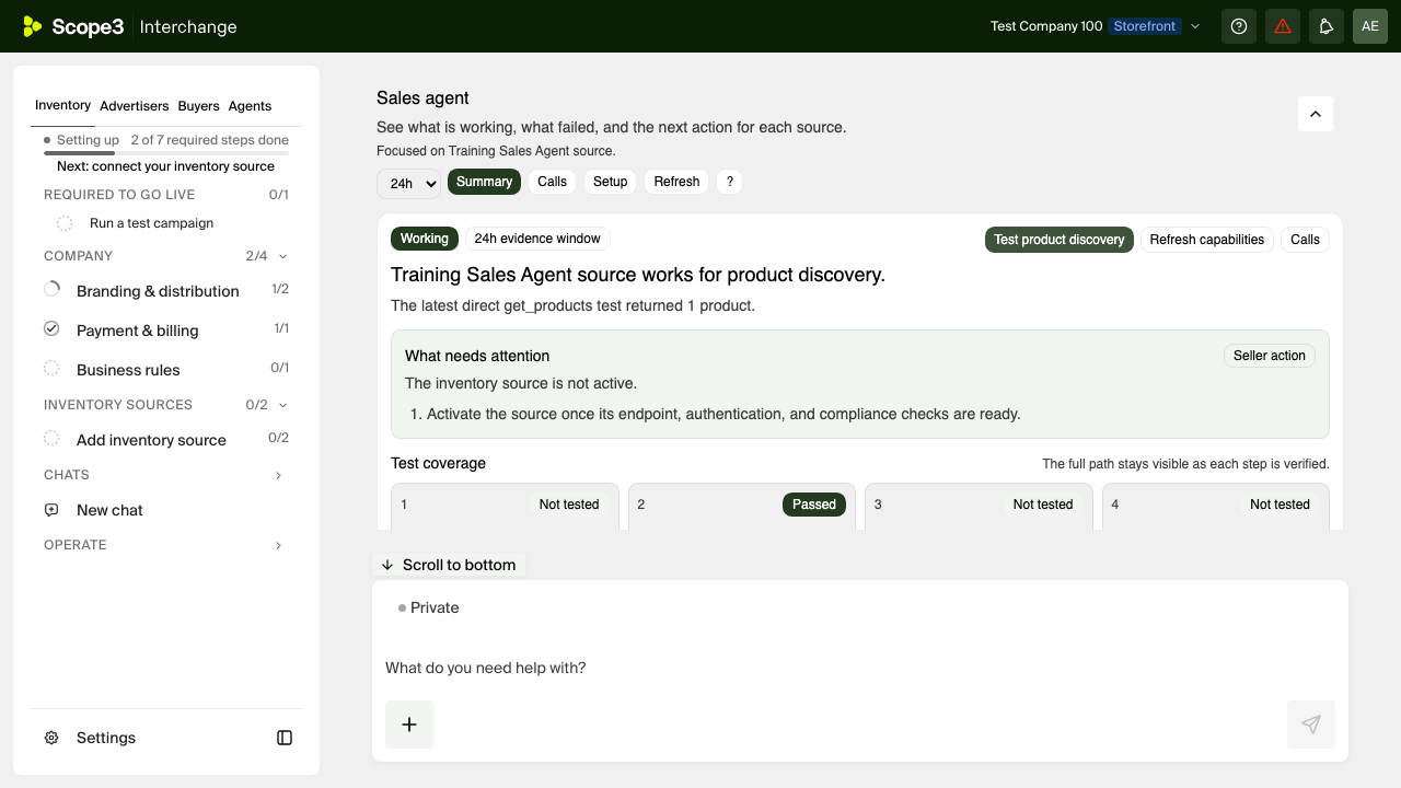 Source diagnostics showing the Training Sales Agent Source and a successful get_products result