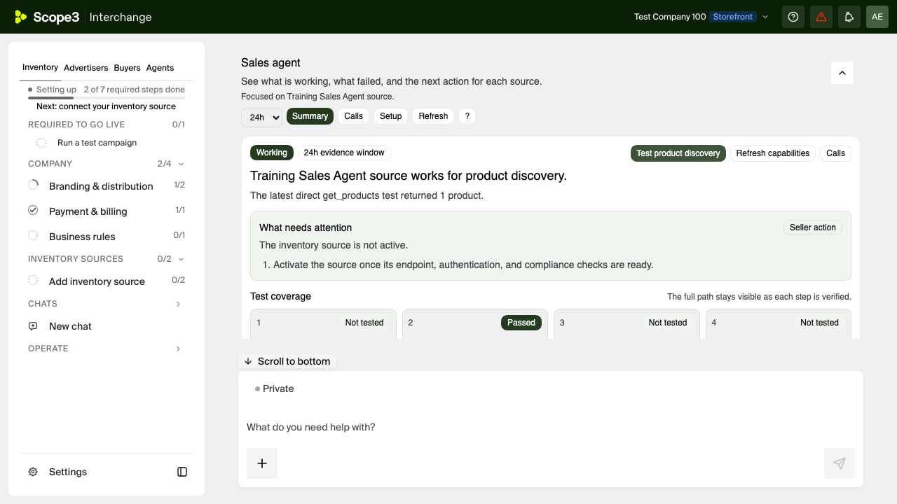 Source diagnostics showing the Training Sales Agent Source and a successful get_products result