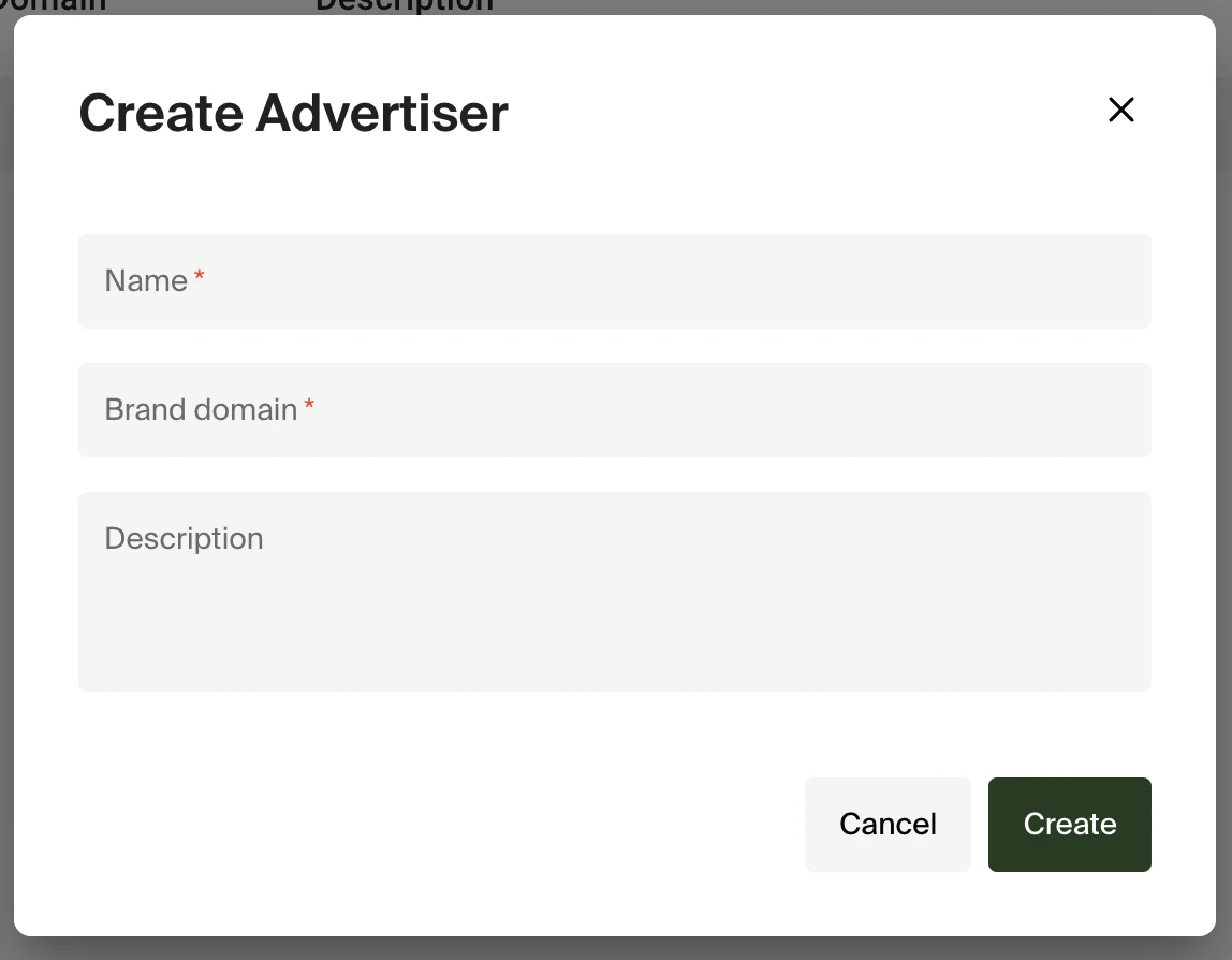 Create Advertiser form