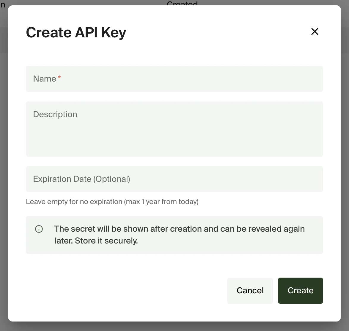 Create API Key form