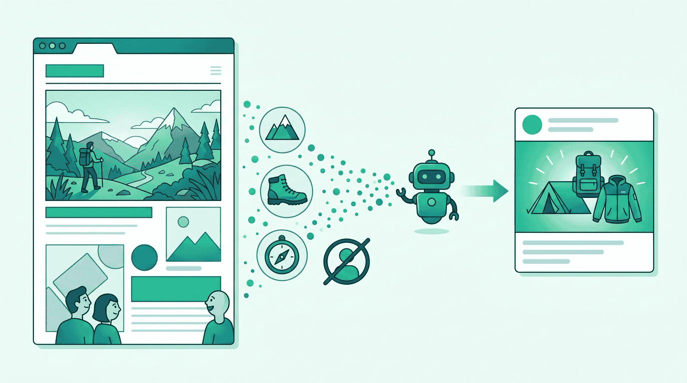 A StreamHaus article about hiking gear with content signals radiating outward — Sam's buyer agent responds with a package offer and creative manifest