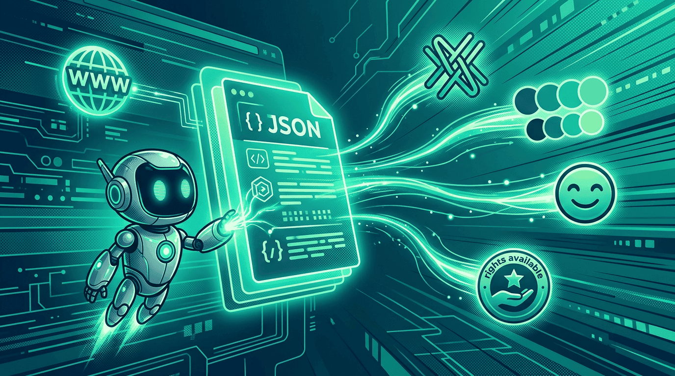 A buyer agent robot following a glowing trail from a restaurant website to a brand.json file floating in the air, revealing identity data like colors, logos, and tone