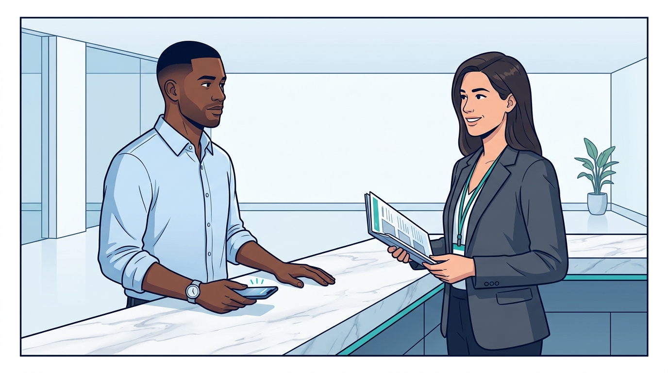 Sam stands at a wide marble counter facing a confident agent in a sharp blazer holding a clipboard of glossy ad placements — but the counter behind the agent is empty, with no logo, no signage, and no one else in sight