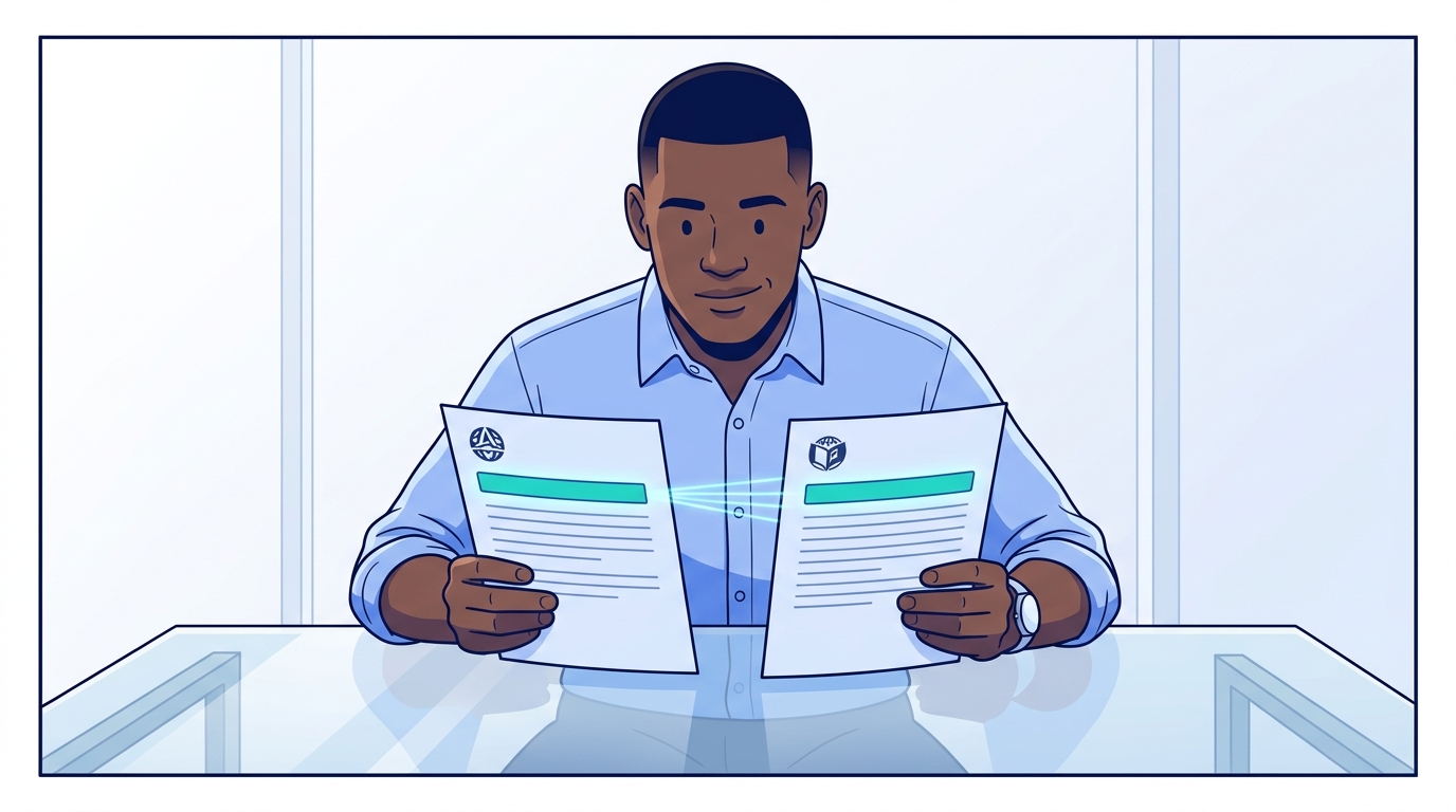 Sam holds two documents side by side — Northwind's brand.json on the left listing StreamHaus, and StreamHaus's adagents.json on the right listing Northwind — and the matching delegation_type field on both glows green as the chain locks in