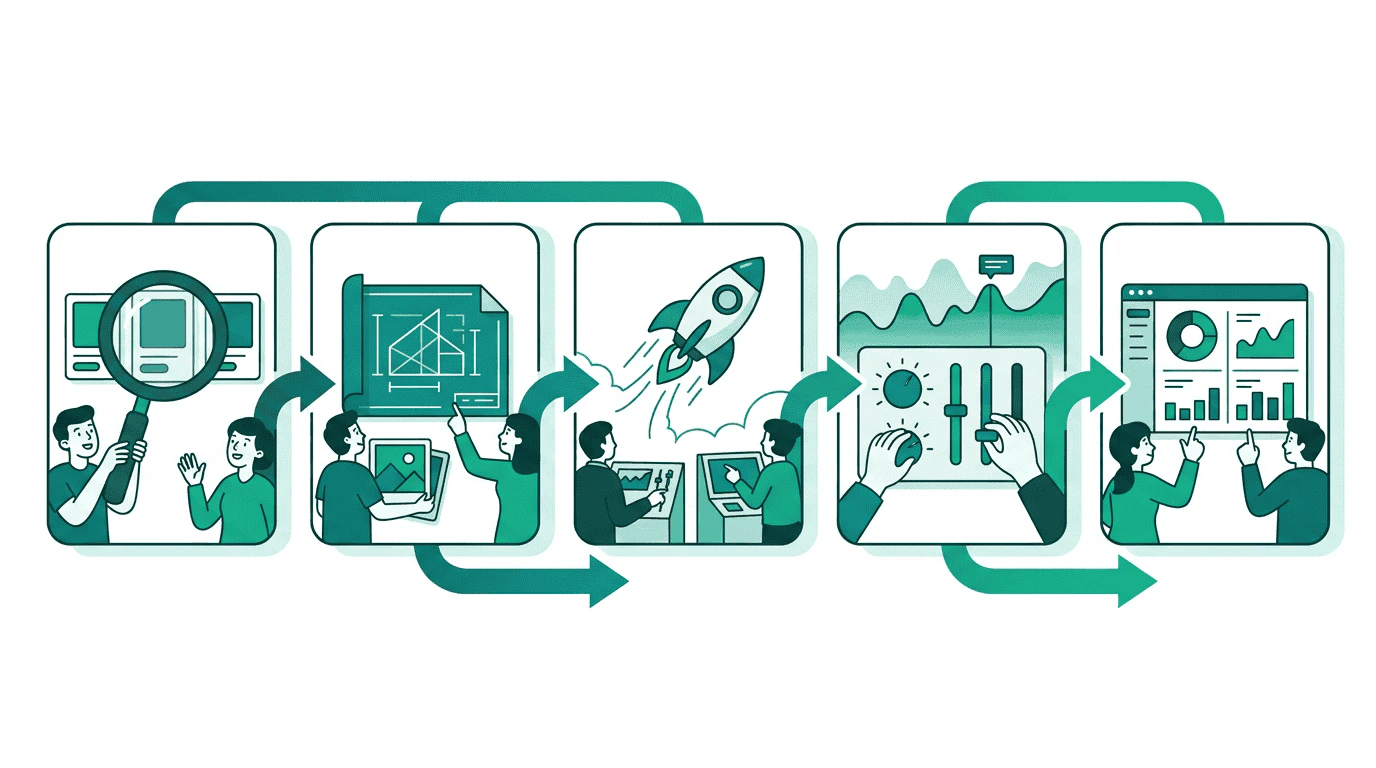 A horizontal pipeline showing the five stages of a media buy: Discovery (magnifying glass), Planning (blueprint), Execution (rocket launch), Optimization (adjusting dials), and Reporting (clean dashboard)