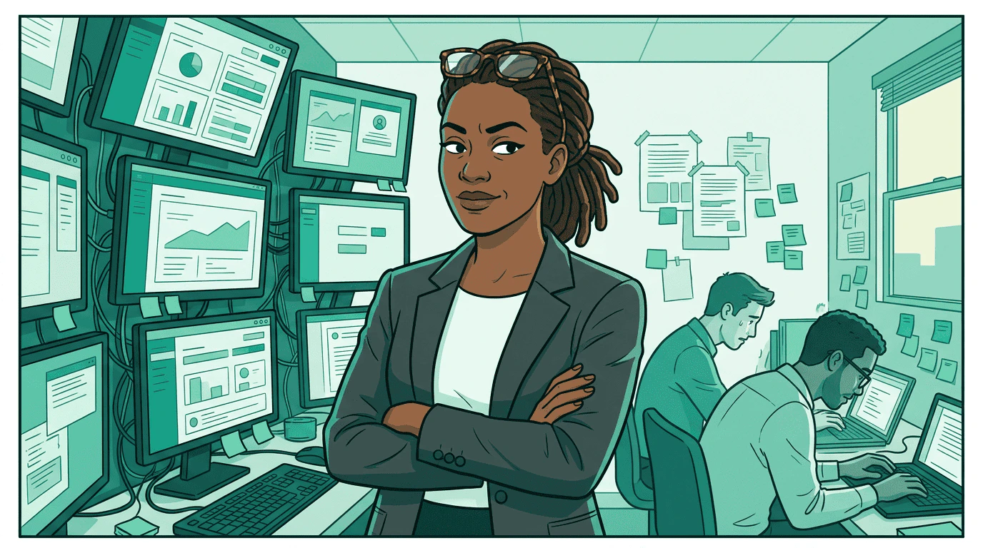 Alex stands arms crossed in a war room of mismatched screens and tangled cables, surveying the chaos — her team hunched over laptops in the background