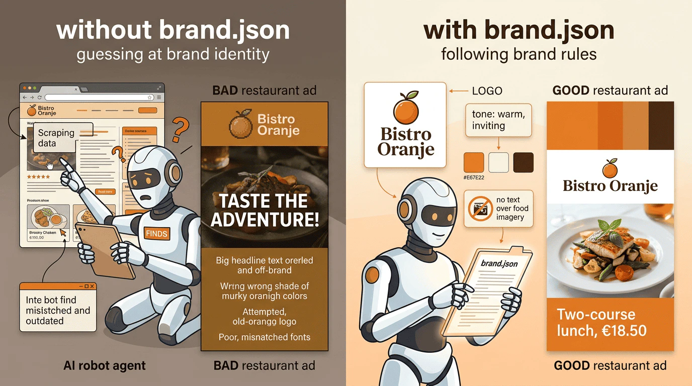 Split panel: left side shows an AI agent frantically scraping mismatched brand elements, producing an off-brand ad with wrong colors and text over food imagery; right side shows the same agent calmly reading brand.json and producing a clean, on-brand ad with correct logo, palette, and layout