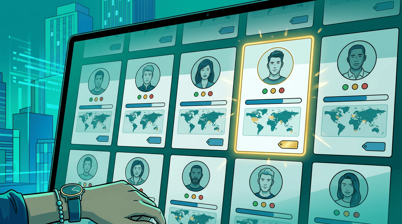 A catalog display showing talent cards with availability indicators, pricing tags, and geographic coverage maps, like a talent agency's digital showcase