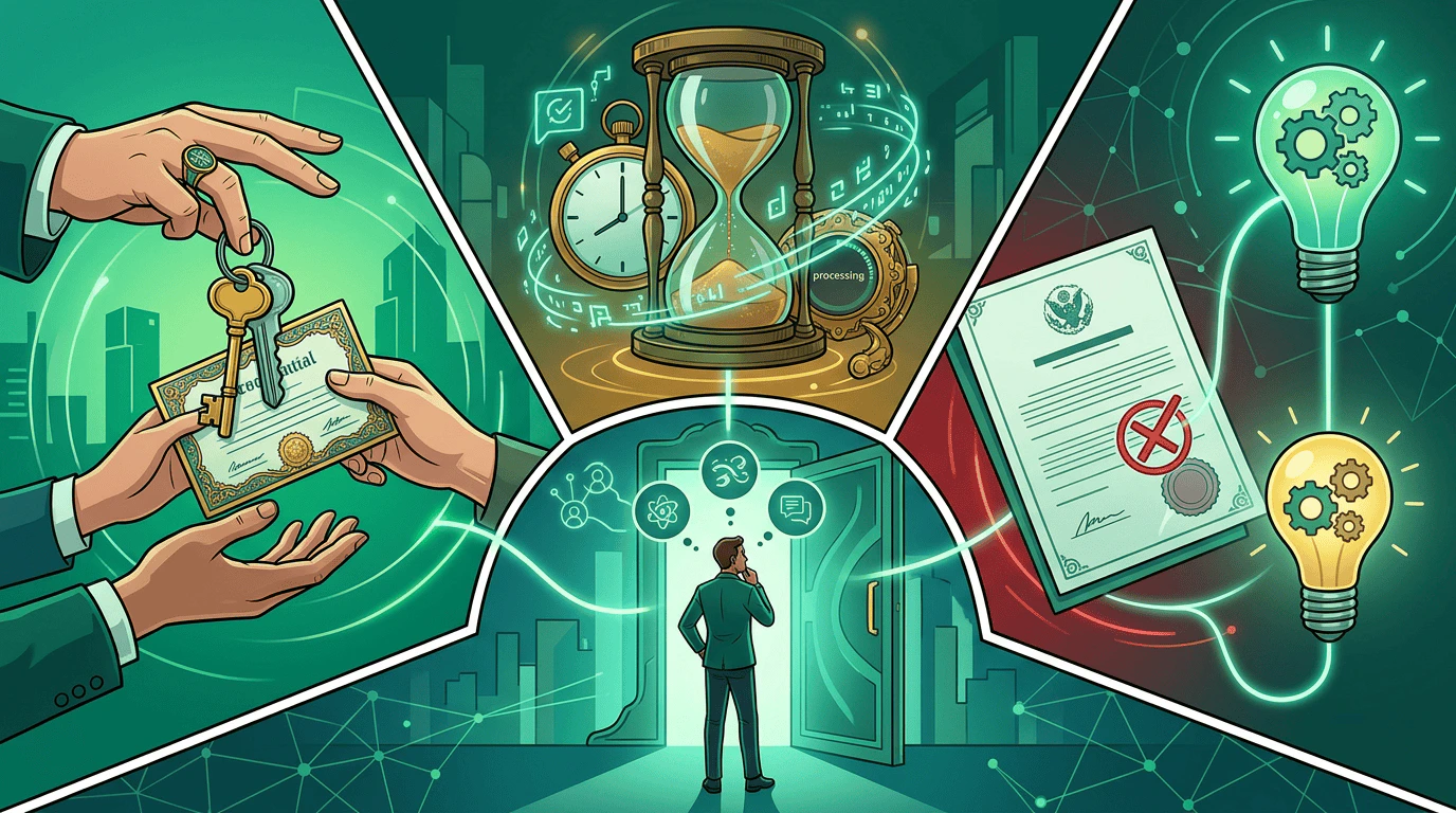 Split panel showing two paths: left side has a golden key credential being handed over for an approved request; right side shows a rejected stamp with two branches — one looping back with a lightbulb for suggestions, another with a final X
