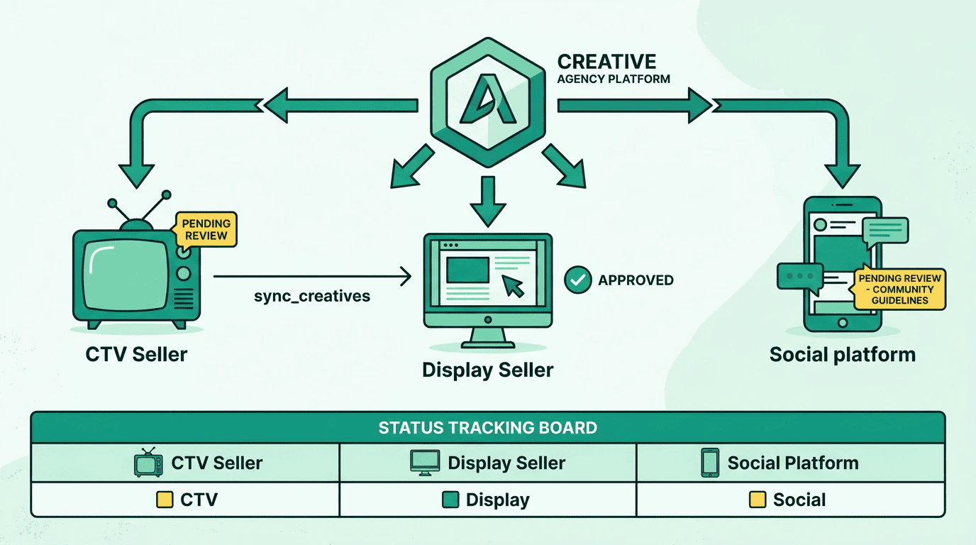 Creative agency platform distributes creatives via sync_creatives to three sellers: CTV seller returns pending review, Display seller returns approved, Social platform returns pending review for community guidelines
