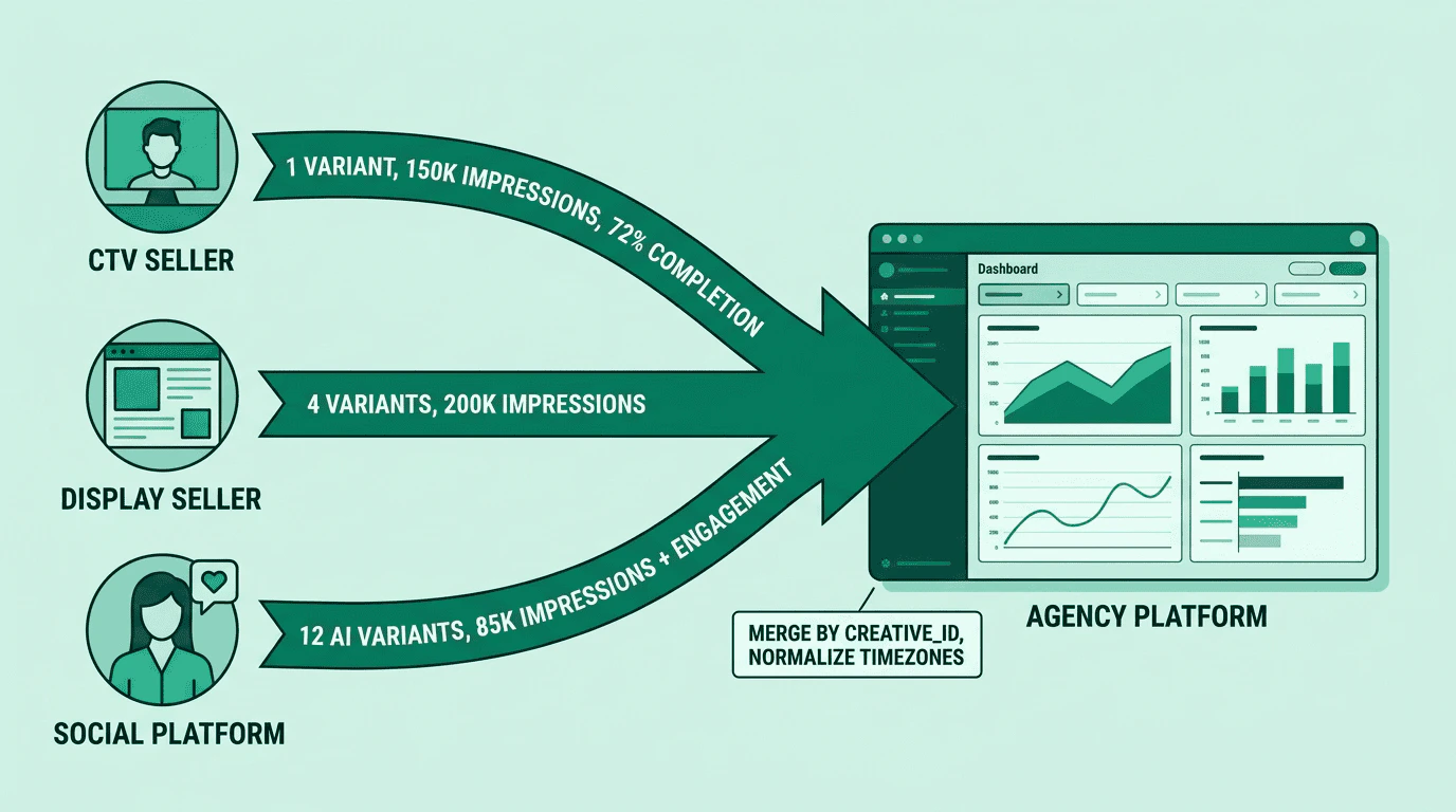 Three sellers report delivery data back to agency platform: CTV seller shows 1 variant with 150K impressions, Display seller shows 4 variants with 200K impressions, Social platform shows 12 AI-generated variants with 85K impressions plus engagement metrics