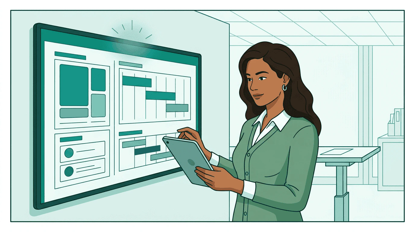 A buying robot creates a glowing campaign plan document that floats across to a governance robot sitting behind a security desk with a shield emblem — the governance robot examines it carefully