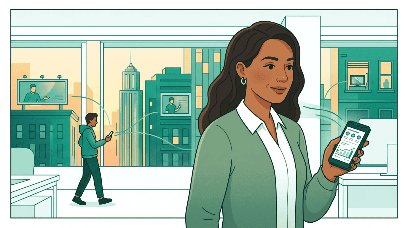 A cityscape with ads running on billboards, phone screens, and TV displays — above it all, the governance robot monitors from a watchtower, scanning the scene with a teal beam as metrics stream upward